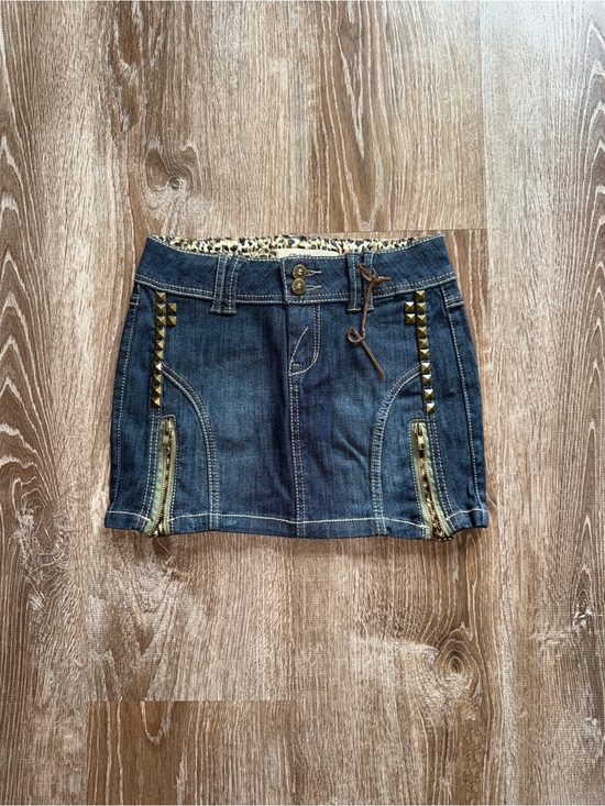 None Dresses & Skirts - Vintage Y2K Denim Mini Skirt with Stud & Zip Accents - Dark Blue